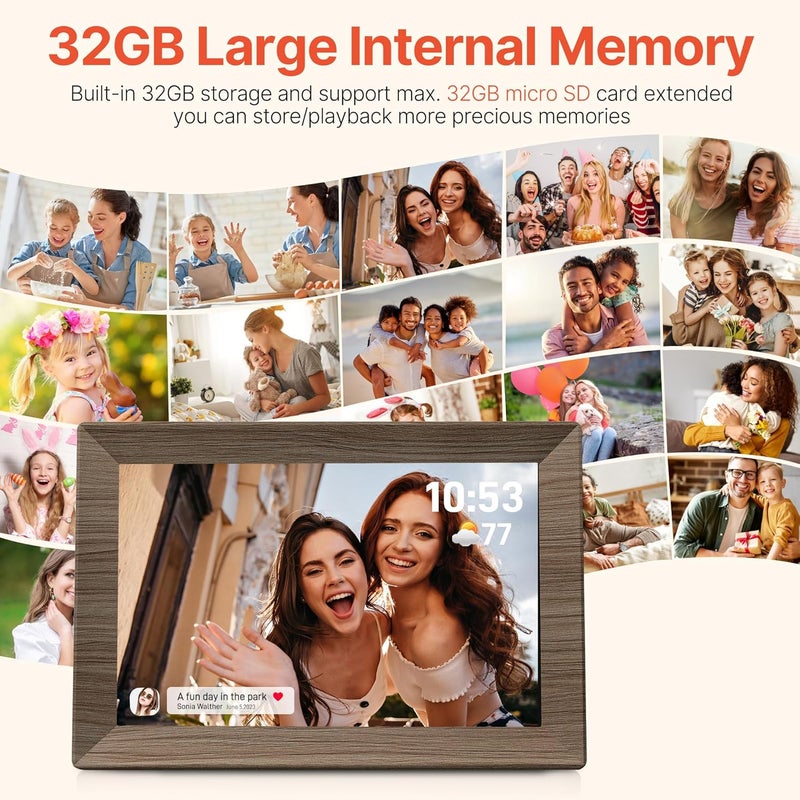 BIGASUO إطار صورة رقمي Frameo 10.1" مع ذاكرة 32 جيجابايت خشبي واي فاي إطار صور إلكتروني 1280 x 800 شاشة تعمل باللمس IPS دوران تلقائي عرض شرائح قابل للتعليق على الحائط مشاركة الصور/الفيديو عن بُعد في أي مكان - Image 4